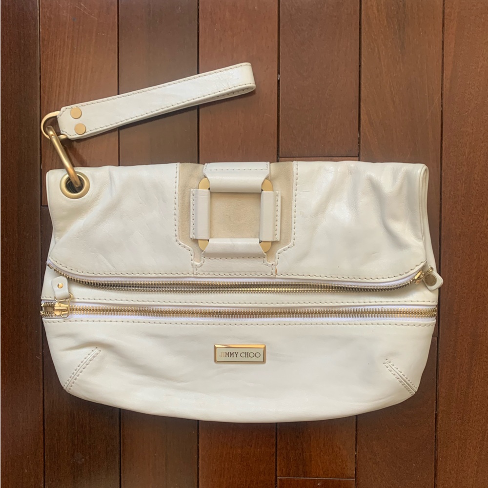 Jimmy Choo White Calf Skin Large Marin Clutch w/ gold colored trimming